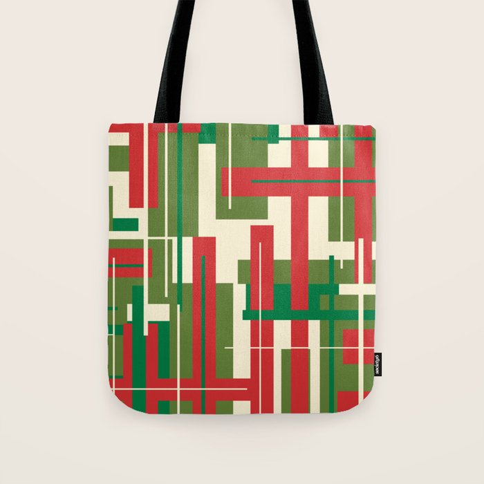 Mid Century Modern Deconstructed Christmas Plaid Pattern in Retro Red, Olive Green, and Xmas Cream Tote Bag Gallery Image 1