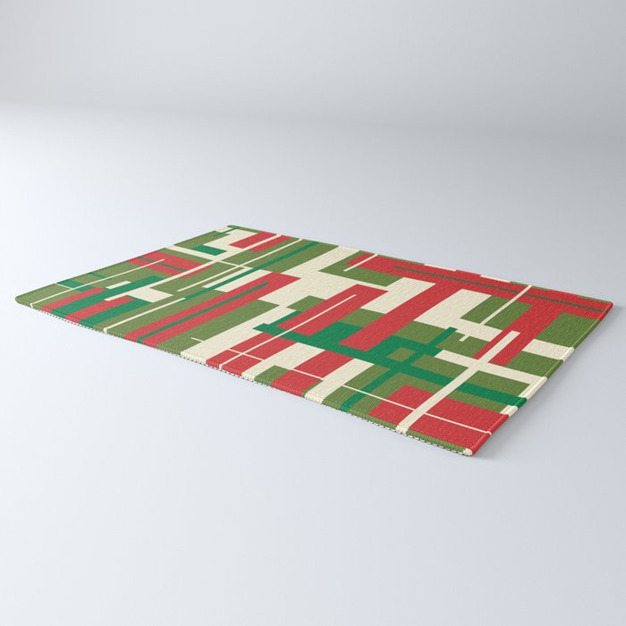 Mid Century Modern Deconstructed Christmas Plaid Pattern in Retro Red, Olive Green, and Xmas Cream Rug Gallery Image 3
