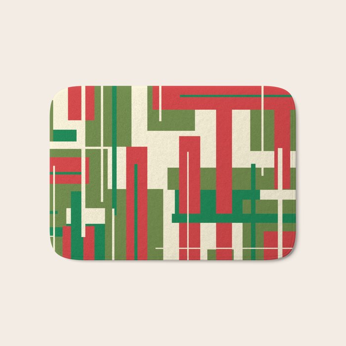Mid Century Modern Deconstructed Christmas Plaid Pattern in Retro Red, Olive Green, and Xmas Cream Bath Mat Gallery Image 1