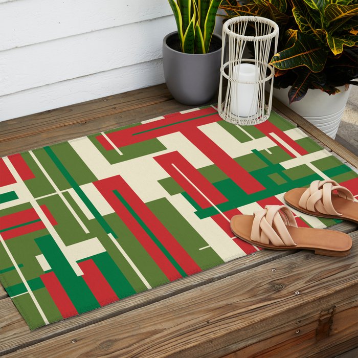 Mid Century Modern Deconstructed Christmas Plaid Pattern in Retro Red, Olive Green, and Xmas Cream Outdoor Rug Gallery Image 2
