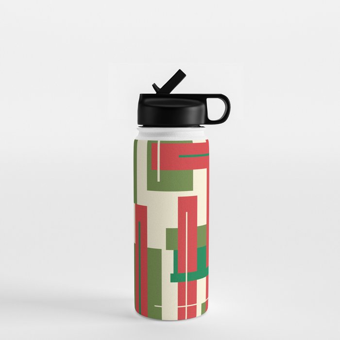 Mid Century Modern Deconstructed Christmas Plaid Pattern in Retro Red, Olive Green, and Xmas Cream Water Bottle Gallery Image 1