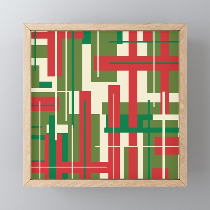 Mid Century Modern Deconstructed Christmas Plaid Pattern in Retro Red, Olive Green, and Xmas Cream Mini Art Print Gallery Image 1