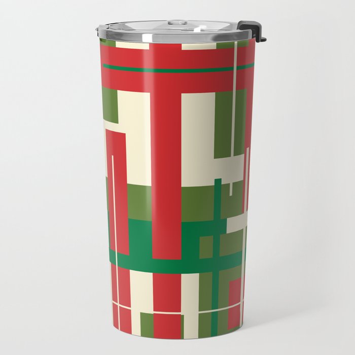 Mid Century Modern Deconstructed Christmas Plaid Pattern in Retro Red, Olive Green, and Xmas Cream Travel Mug Gallery Image 2