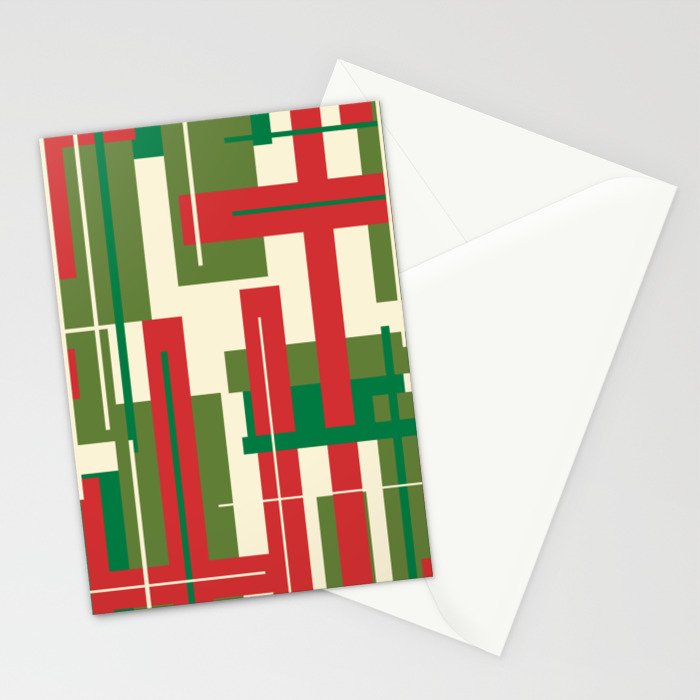 Mid Century Modern Deconstructed Christmas Plaid Pattern in Retro Red, Olive Green, and Xmas Cream Stationery Card Gallery Image 2