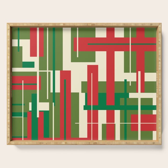 Mid Century Modern Deconstructed Christmas Plaid Pattern in Retro Red, Olive Green, and Xmas Cream Serving Tray Gallery Image 1