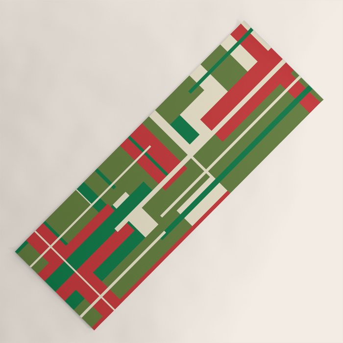 Mid Century Modern Deconstructed Christmas Plaid Pattern in Retro Red, Olive Green, and Xmas Cream Yoga Mat Gallery Image 1