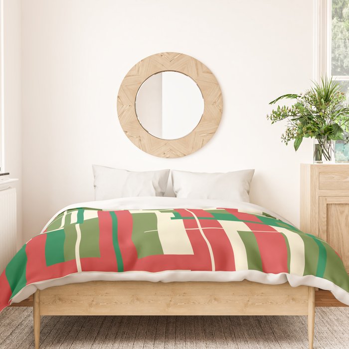 Mid Century Modern Deconstructed Christmas Plaid Pattern in Retro Red, Olive Green, and Xmas Cream Duvet Cover Gallery Image 3