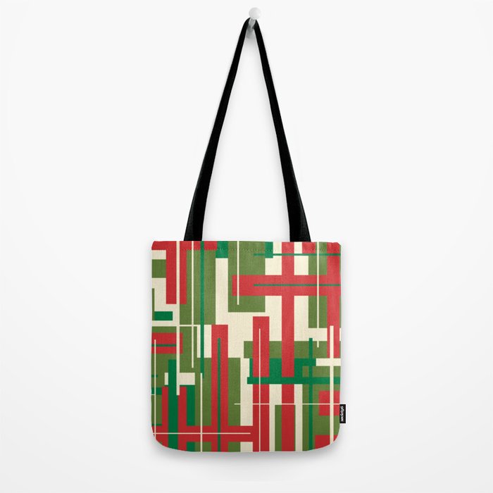 Mid Century Modern Deconstructed Christmas Plaid Pattern in Retro Red, Olive Green, and Xmas Cream Tote Bag Gallery Image 2