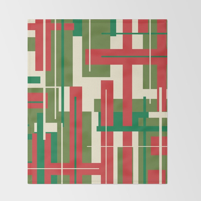 Mid Century Modern Deconstructed Christmas Plaid Pattern in Retro Red, Olive Green, and Xmas Cream Throw Blanket Gallery Image 2