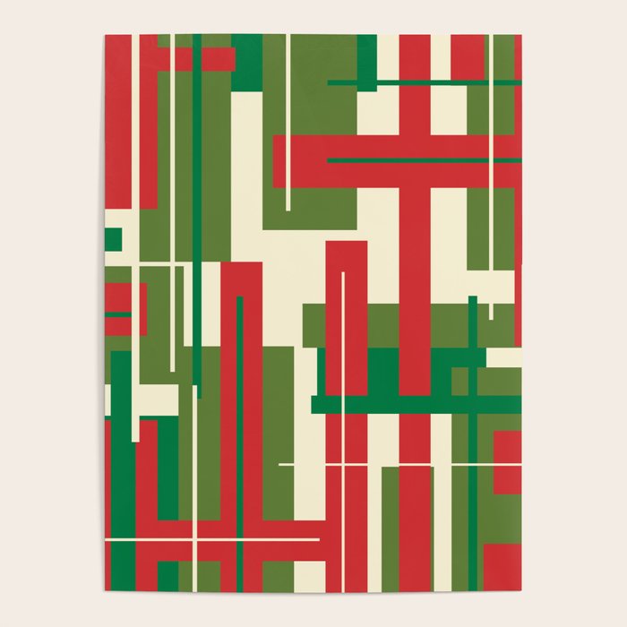 Mid Century Modern Deconstructed Christmas Plaid Pattern in Retro Red, Olive Green, and Xmas Cream Poster Gallery Image 1