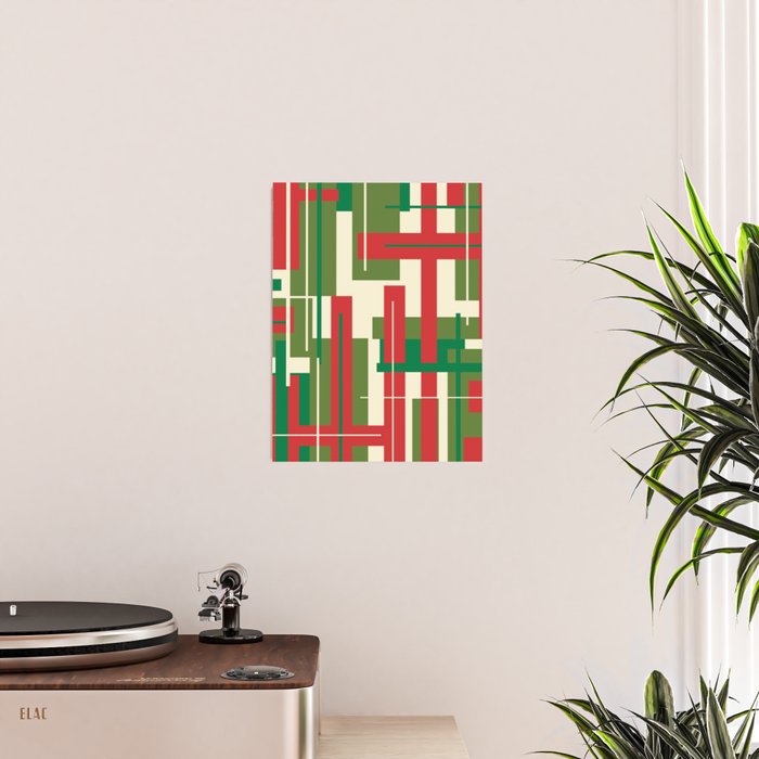 Mid Century Modern Deconstructed Christmas Plaid Pattern in Retro Red, Olive Green, and Xmas Cream Poster Gallery Image 2