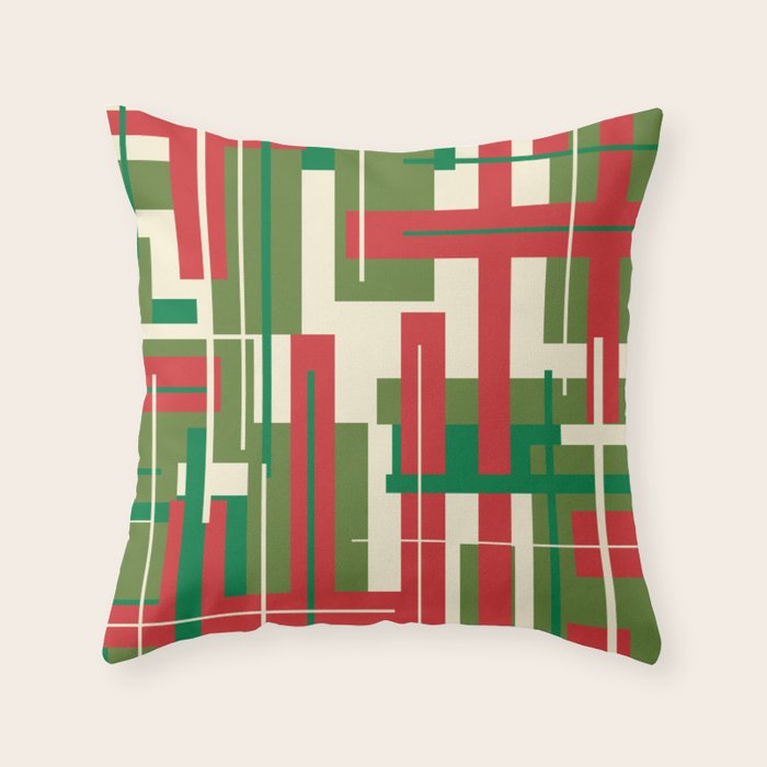 Mid Century Modern Deconstructed Christmas Plaid Pattern in Retro Red, Olive Green, and Xmas Cream Throw Pillow Gallery Image 6