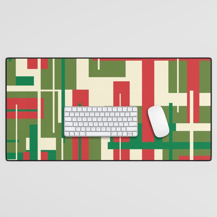 Mid Century Modern Deconstructed Christmas Plaid Pattern in Retro Red, Olive Green, and Xmas Cream Desk Mat Gallery Image 1
