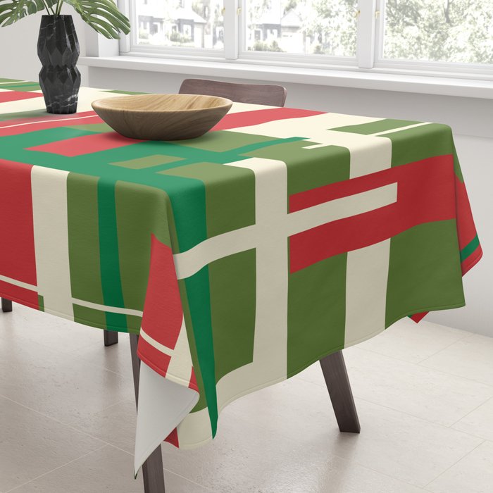 Mid Century Modern Deconstructed Christmas Plaid Pattern in Retro Red, Olive Green, and Xmas Cream Tablecloth Gallery Image 3