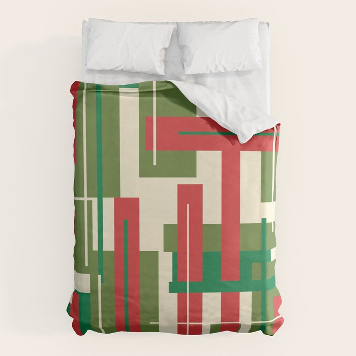 Mid Century Modern Deconstructed Christmas Plaid Pattern in Retro Red, Olive Green, and Xmas Cream Duvet Cover Gallery Image 6
