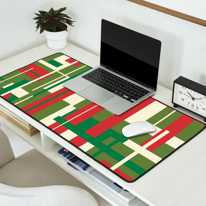 Mid Century Modern Deconstructed Christmas Plaid Pattern in Retro Red, Olive Green, and Xmas Cream Desk Mat Gallery Image 2