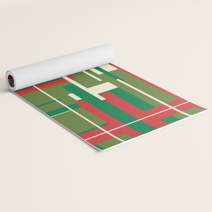 Mid Century Modern Deconstructed Christmas Plaid Pattern in Retro Red, Olive Green, and Xmas Cream Yoga Mat Gallery Image 2