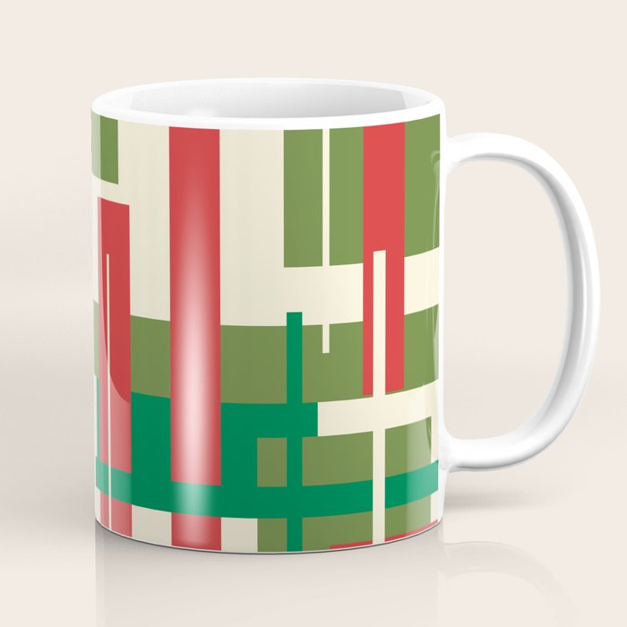 Mid Century Modern Deconstructed Christmas Plaid Pattern in Retro Red, Olive Green, and Xmas Cream Coffee Mug Gallery Image 1