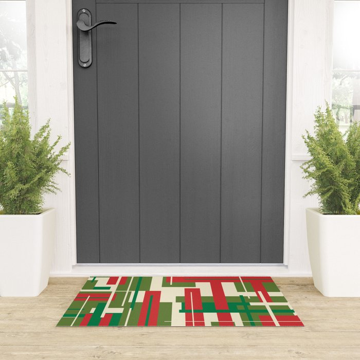 Mid Century Modern Deconstructed Christmas Plaid Pattern in Retro Red, Olive Green, and Xmas Cream Welcome Mat Gallery Image 3