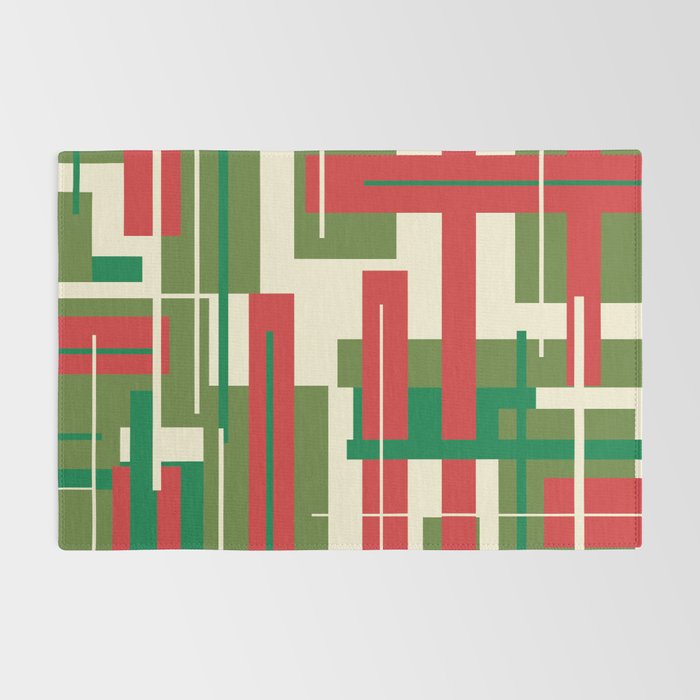 Mid Century Modern Deconstructed Christmas Plaid Pattern in Retro Red, Olive Green, and Xmas Cream Rug Gallery Image 2
