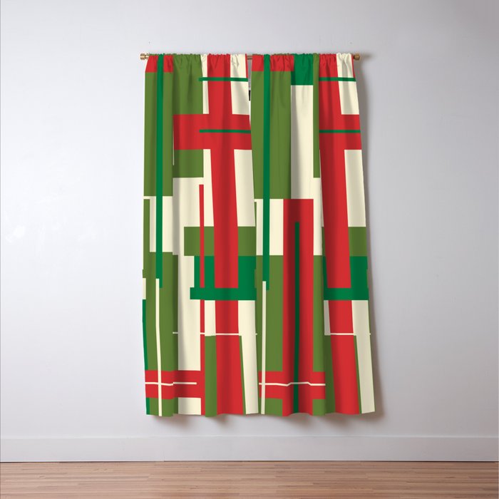 Mid Century Modern Deconstructed Christmas Plaid Pattern in Retro Red, Olive Green, and Xmas Cream Window Curtain Gallery Image 3