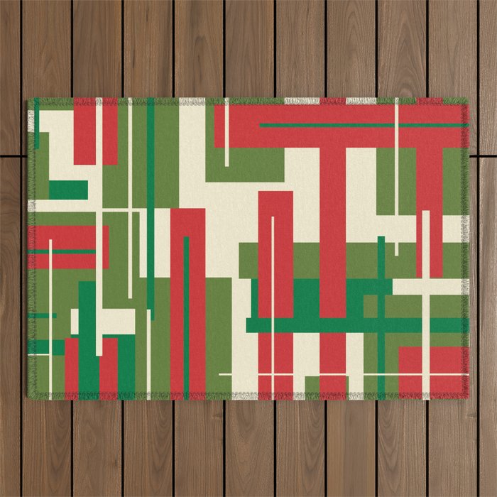 Mid Century Modern Deconstructed Christmas Plaid Pattern in Retro Red, Olive Green, and Xmas Cream Outdoor Rug Gallery Image 1