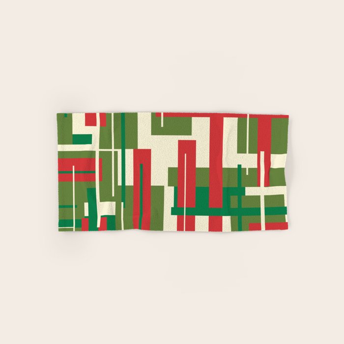Mid Century Modern Deconstructed Christmas Plaid Pattern in Retro Red, Olive Green, and Xmas Cream Bath Towel Gallery Image 1