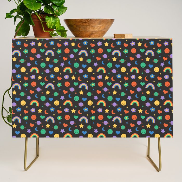 Funny retro cartoon doodle sticker pattern Credenza Gallery Image 1