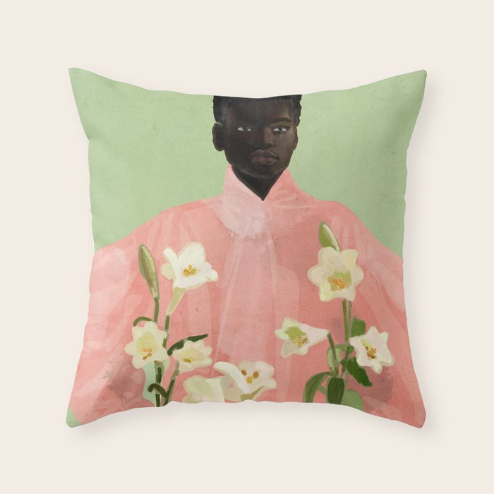 Girl Holding Flowers 3 Throw Pillow Gallery Image 1
