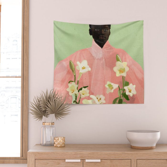 Girl Holding Flowers 3 Wall Tapestry Gallery Image 2