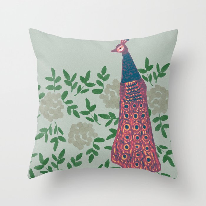 Peacock and Flower - Pink and Sage Throw Pillow Gallery Image 1