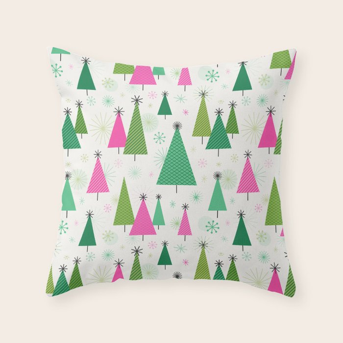Mid-Century Modern Christmas Trees - Pink and Green Throw Pillow Gallery Image 1