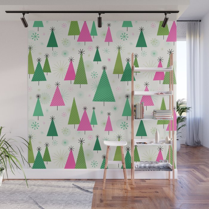 Mid-Century Modern Christmas Trees - Pink and Green Wall Mural Gallery Image 1