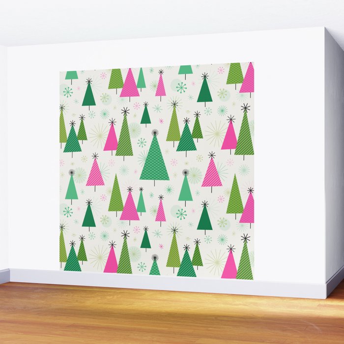 Mid-Century Modern Christmas Trees - Pink and Green Wall Mural Gallery Image 2