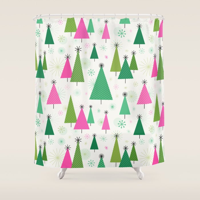 Mid-Century Modern Christmas Trees - Pink and Green Shower Curtain Gallery Image 1
