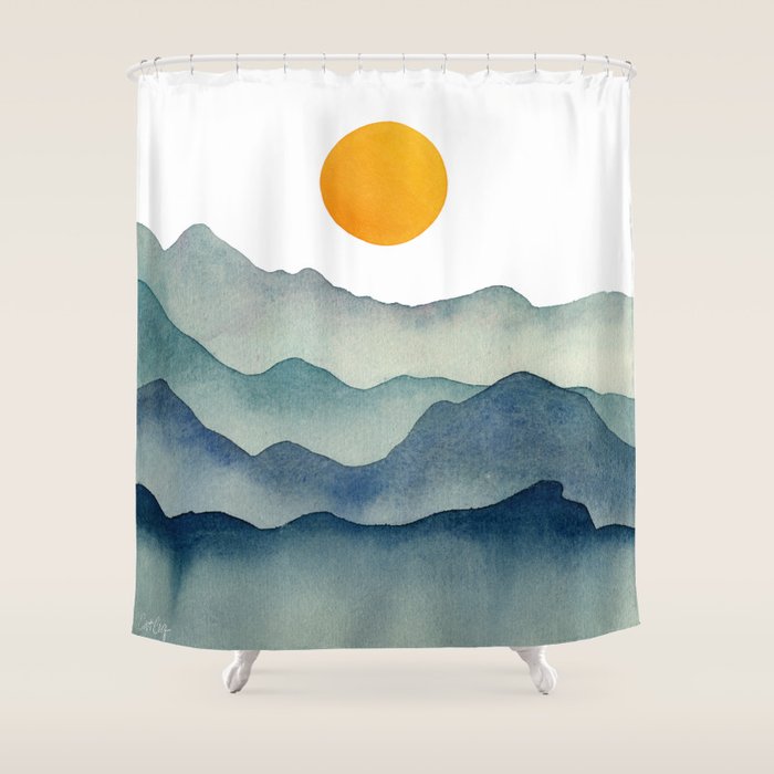 Mountain Range Silhouette - Blue & Yellow Shower Curtain Gallery Image 1