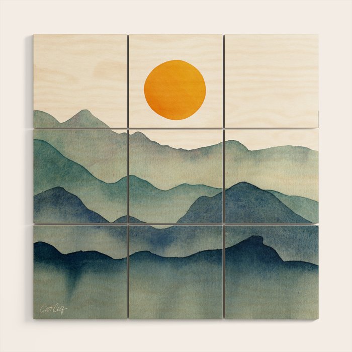 Mountain Range Silhouette - Blue & Yellow Wood Wall Art Gallery Image 1