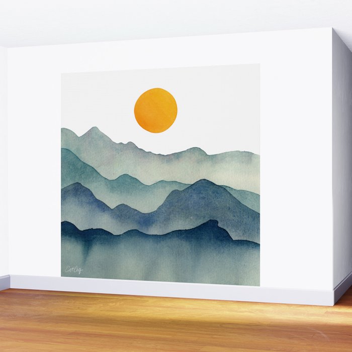 Mountain Range Silhouette - Blue & Yellow Wall Mural Gallery Image 2