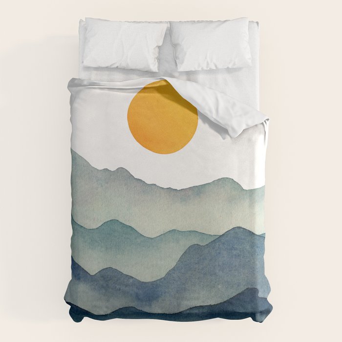 Mountain Range Silhouette - Blue & Yellow Duvet Cover Gallery Image 1