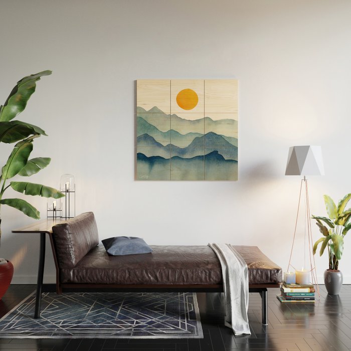 Mountain Range Silhouette - Blue & Yellow Wood Wall Art Gallery Image 2