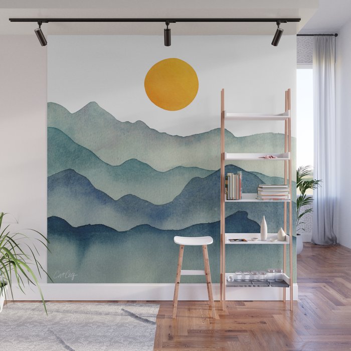 Mountain Range Silhouette - Blue & Yellow Wall Mural Gallery Image 1