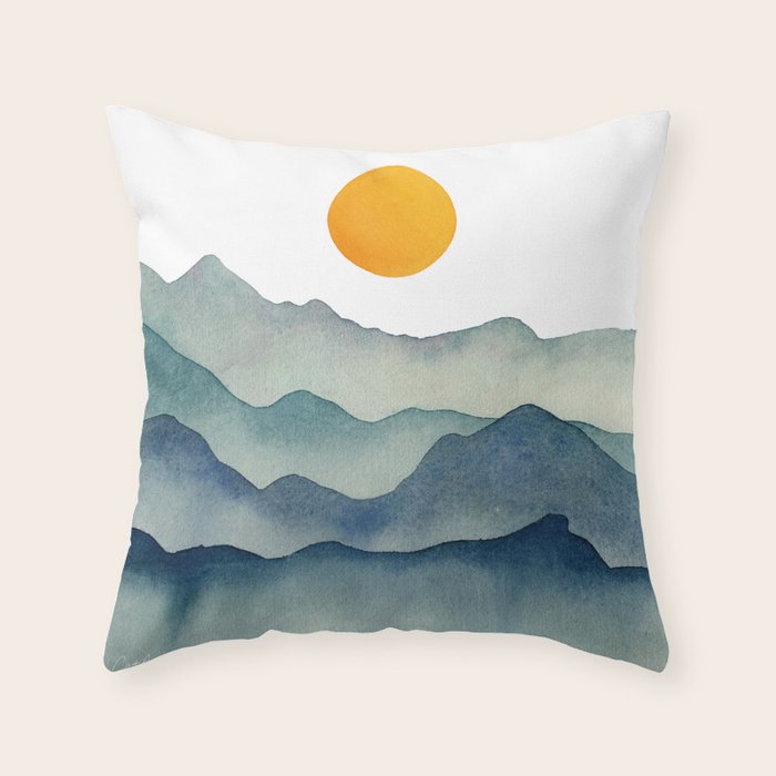 Mountain Range Silhouette - Blue & Yellow Throw Pillow Gallery Image 1
