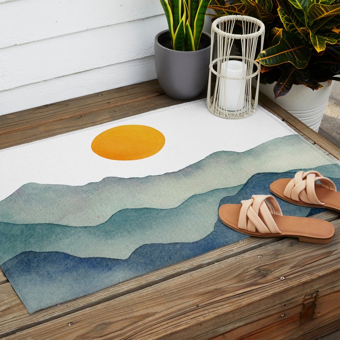 Mountain Range Silhouette - Blue & Yellow Outdoor Rug Gallery Image 2