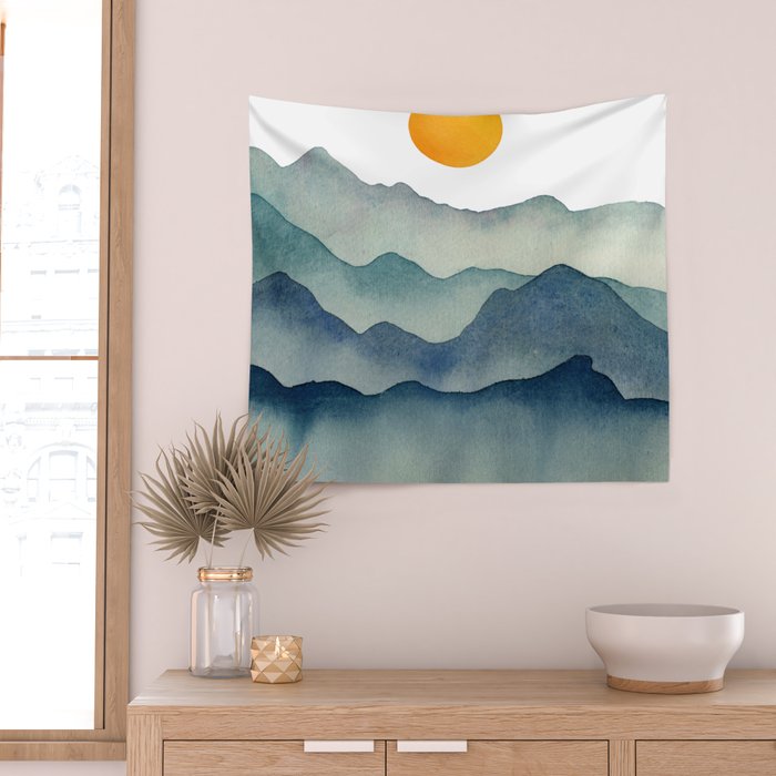 Mountain Range Silhouette - Blue & Yellow Wall Tapestry Gallery Image 2