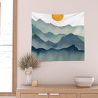 Mountain Range Silhouette - Blue & Yellow Wall Tapestry Gallery Image 2