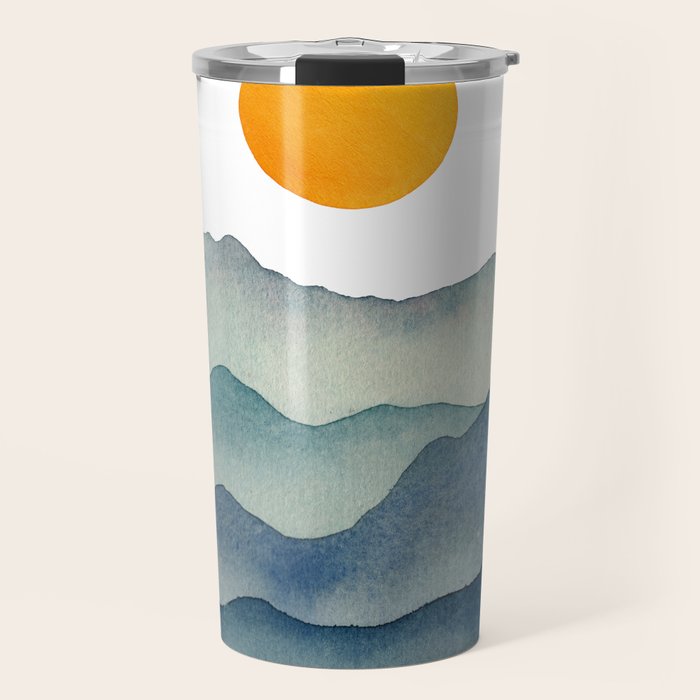 Mountain Range Silhouette - Blue & Yellow Travel Mug Gallery Image 1