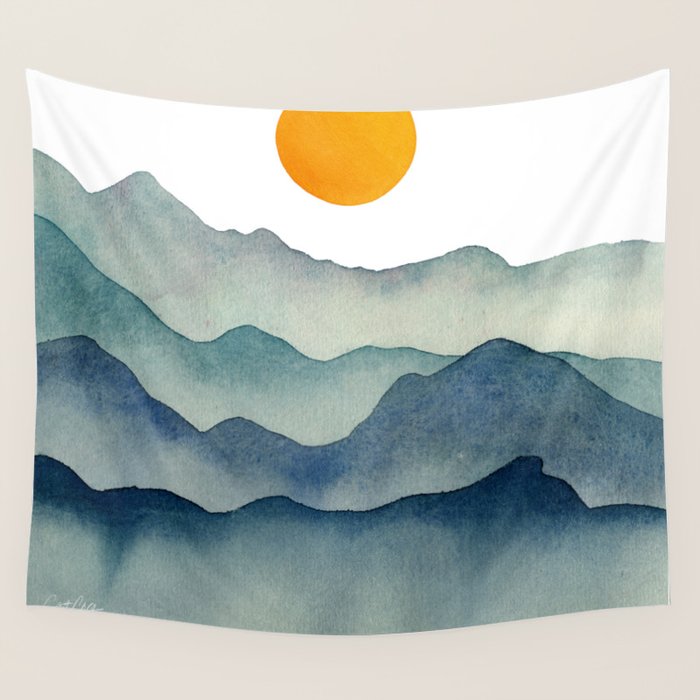 Mountain Range Silhouette - Blue & Yellow Wall Tapestry Gallery Image 4