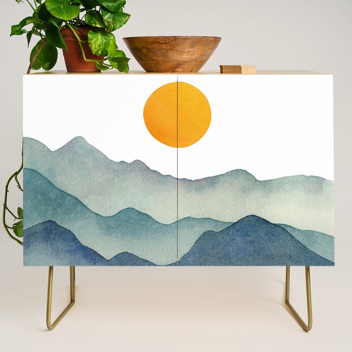 Mountain Range Silhouette - Blue & Yellow Credenza Gallery Image 1