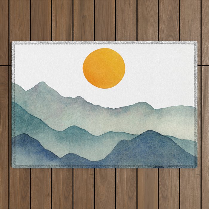 Mountain Range Silhouette - Blue & Yellow Outdoor Rug Gallery Image 1
