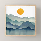 Mountain Range Silhouette - Blue & Yellow Mini Art Print Gallery Image 1